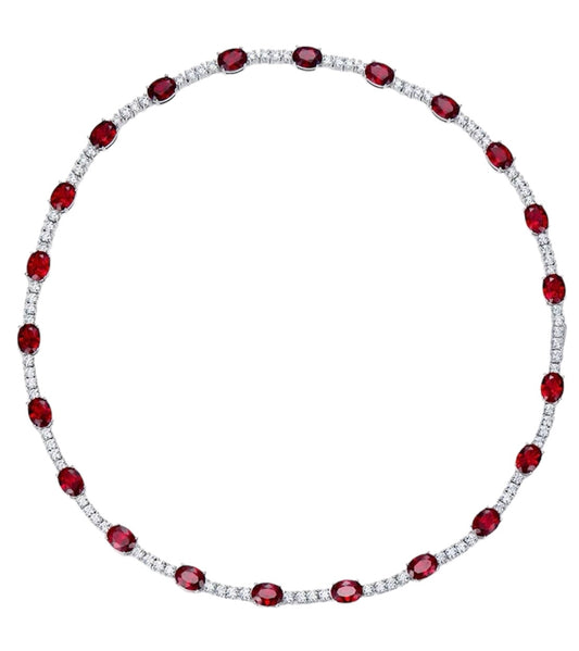 Oval Red Ruby Diamond Tennis Necklace 44cm