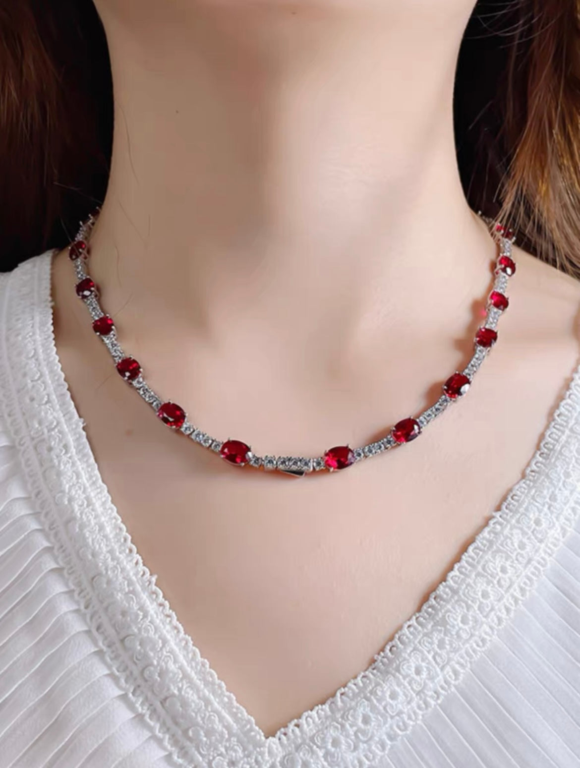 Oval Red Ruby Diamond Tennis Necklace 44cm