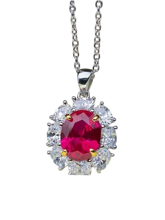 Oval Red Ruby Diamond Halo Fancy Pendant Necklace 3ct