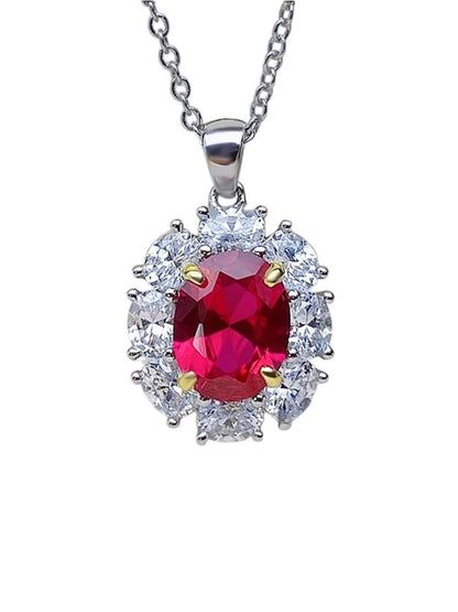 Oval Red Ruby Diamond Halo Fancy Pendant Necklace 3ct