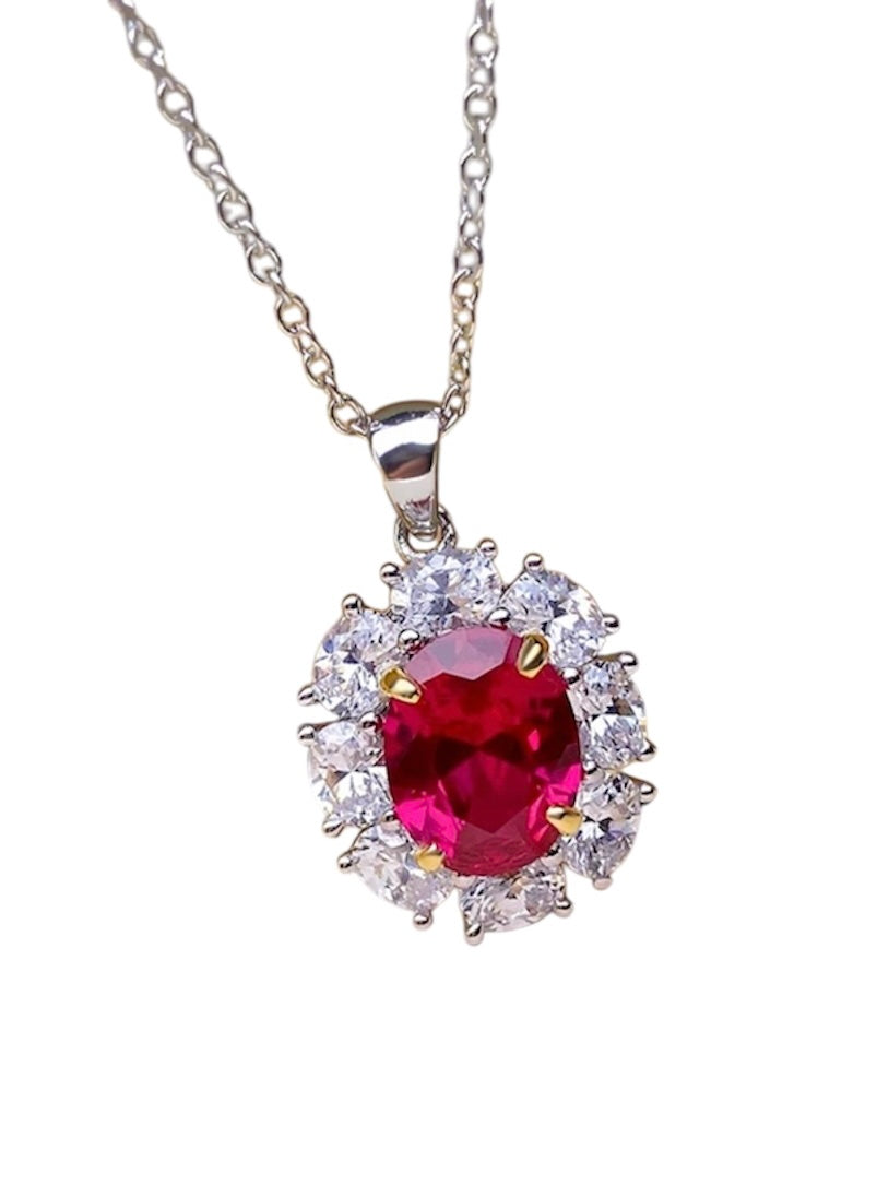 Oval Red Ruby Diamond Halo Fancy Pendant Necklace 3ct