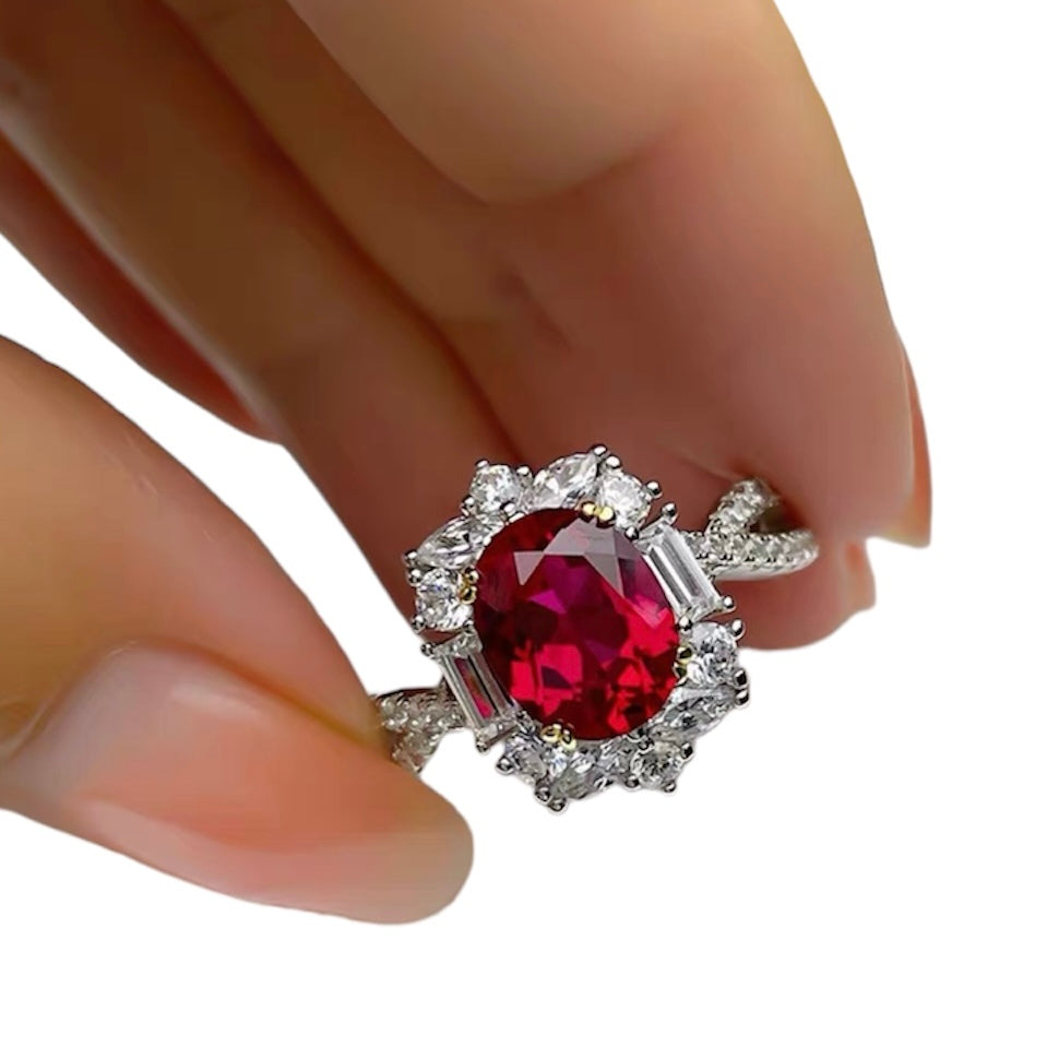 Oval Red Ruby Diamonds Halo Fancy Ring 3ct