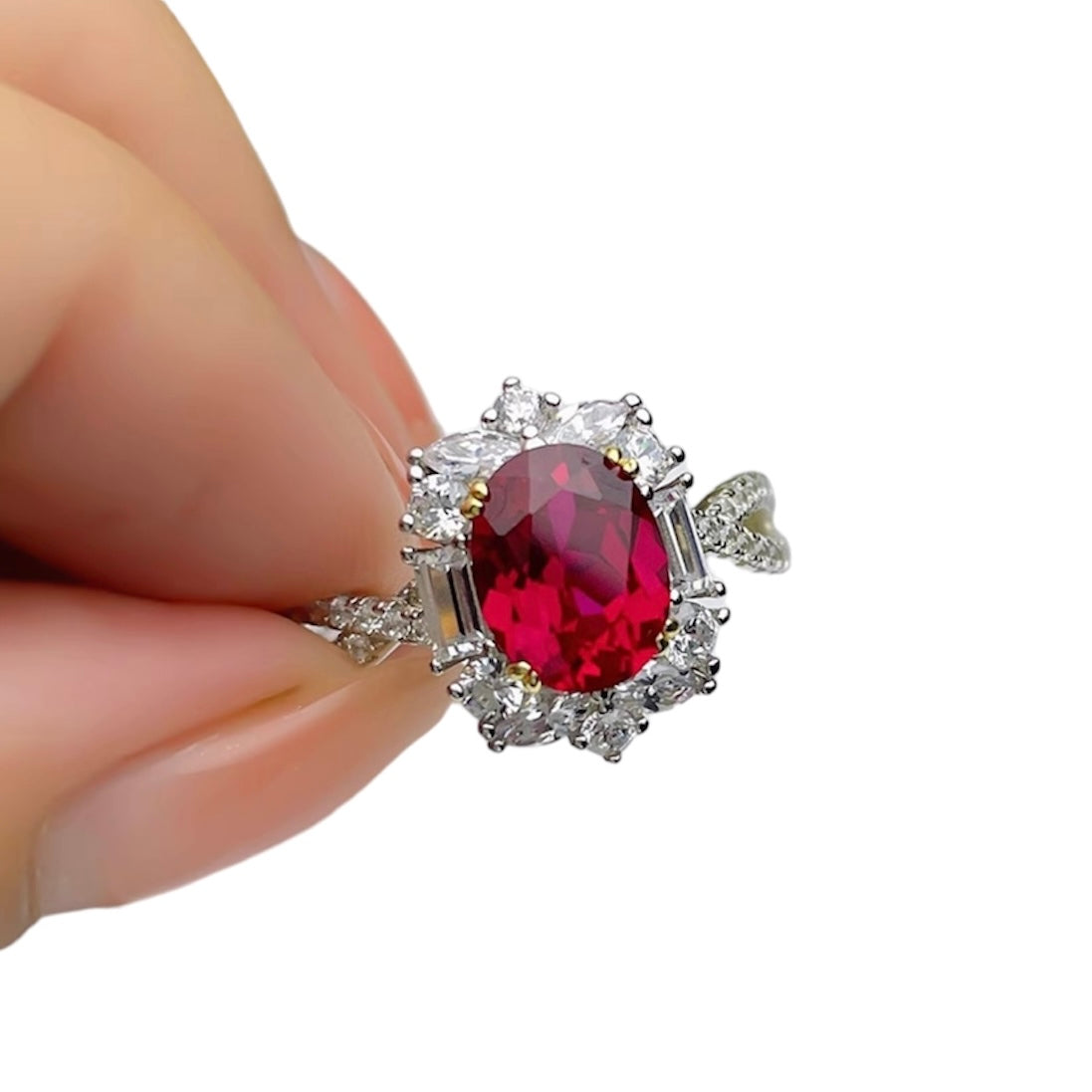 Oval Red Ruby Diamonds Halo Fancy Ring 3ct