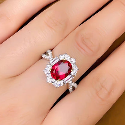 Oval Red Ruby Diamonds Halo Fancy Ring 3ct