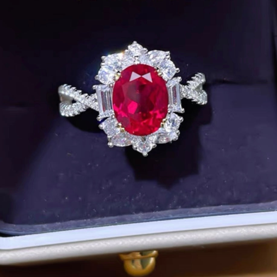 Oval Red Ruby Diamonds Halo Fancy Ring 3ct