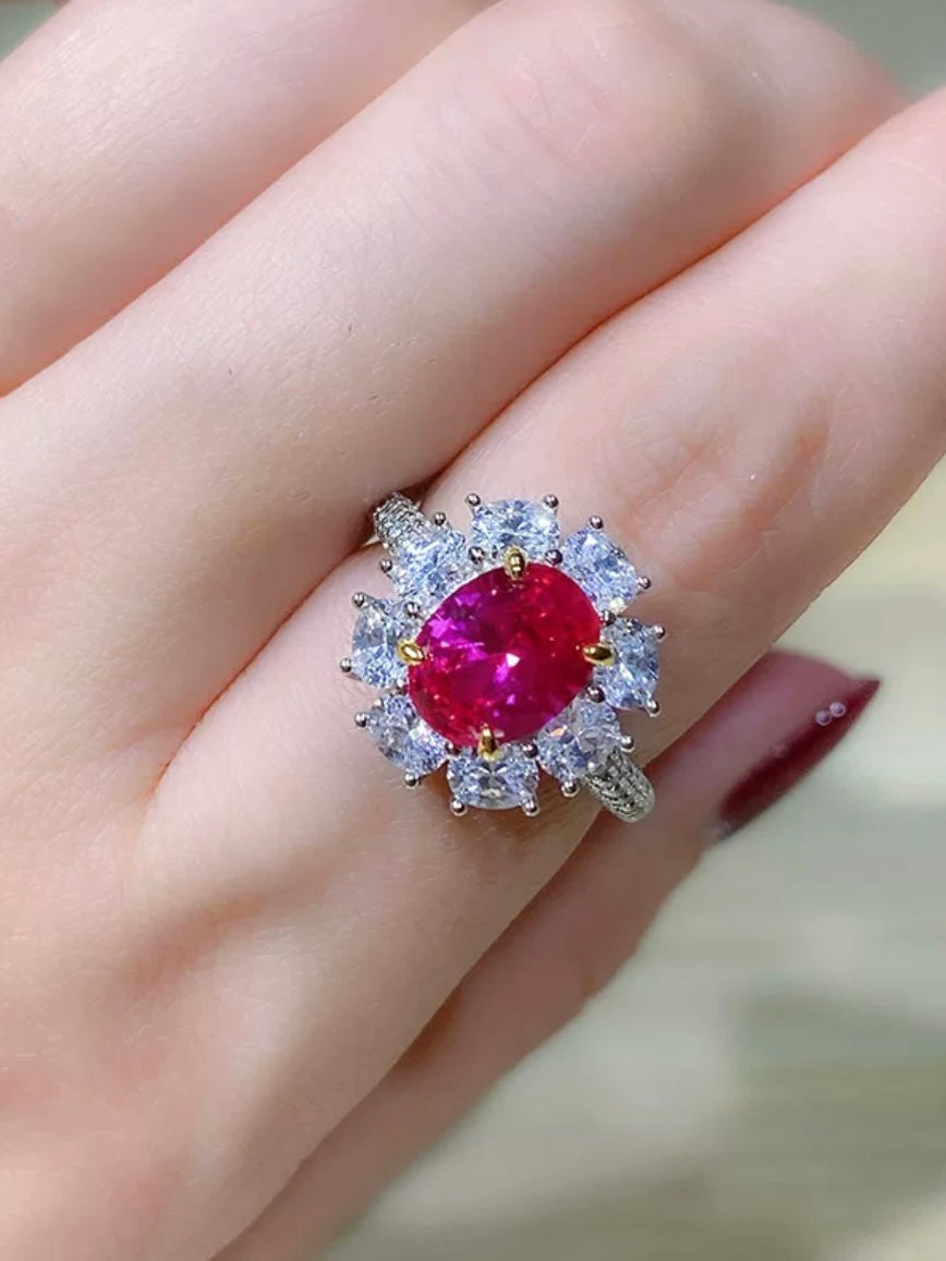 Oval Red Ruby Diamond Halo Fancy Ring 3ct