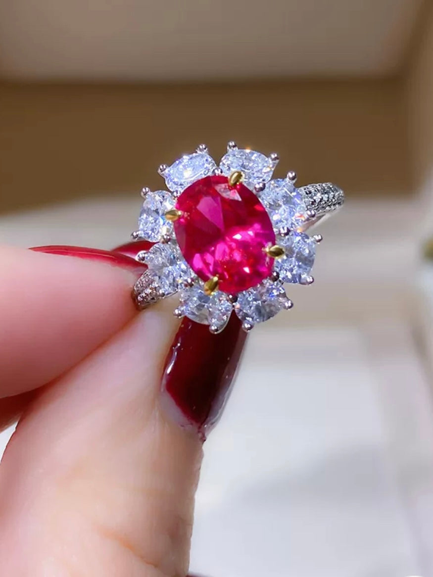 Oval Red Ruby Diamond Halo Fancy Ring 3ct