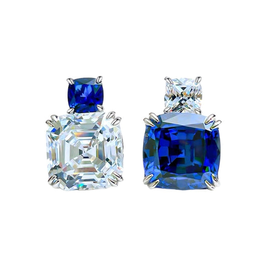 Square Asscher Blue Sapphire Diamonds AB Stud Earrings 5ct