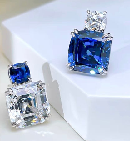 Square Asscher Blue Sapphire Diamonds AB Stud Earrings 5ct