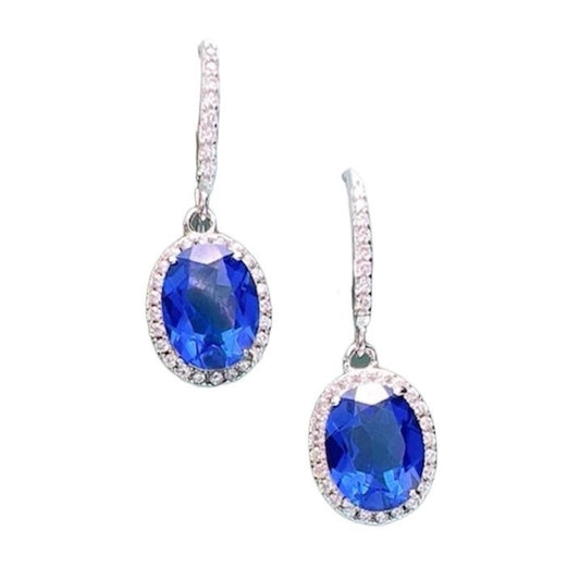 Oval Blue Sapphire Diamonds Halo Drop Dangle Earrings 3ct Each