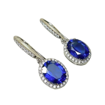 Oval Blue Sapphire Diamonds Halo Drop Dangle Earrings 3ct Each