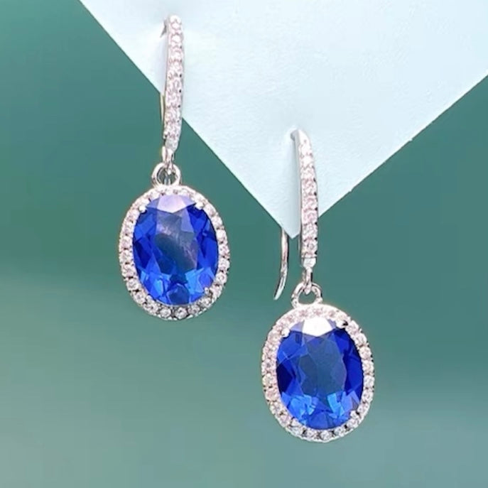 Oval Blue Sapphire Diamonds Halo Drop Dangle Earrings 3ct Each