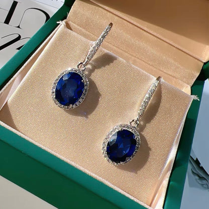 Oval Blue Sapphire Diamonds Halo Drop Dangle Earrings 3ct Each