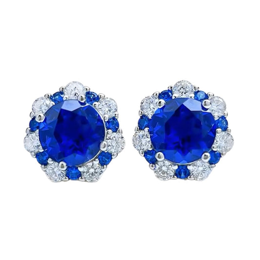 Round Brilliant Blue Sapphire Diamonds Halo Stud Earrings 2ct Each