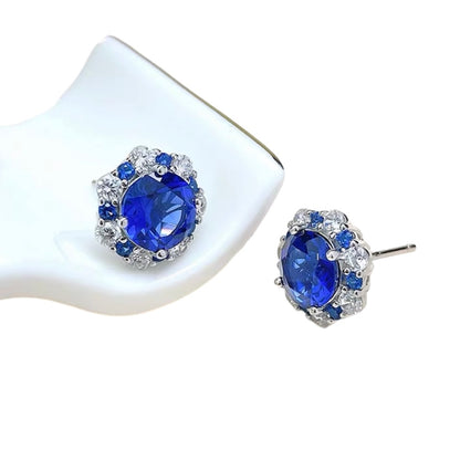 Round Brilliant Blue Sapphire Diamonds Halo Stud Earrings 2ct Each