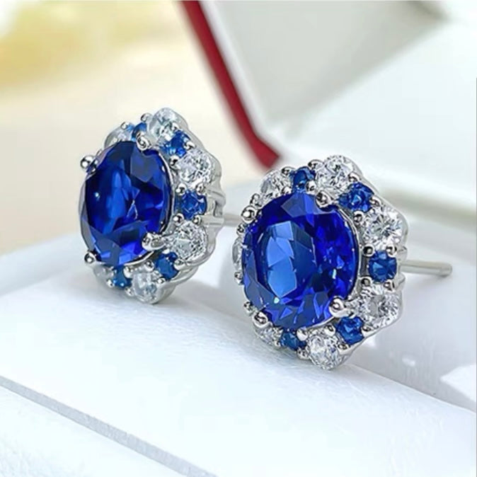 Round Brilliant Blue Sapphire Diamonds Halo Stud Earrings 2ct Each