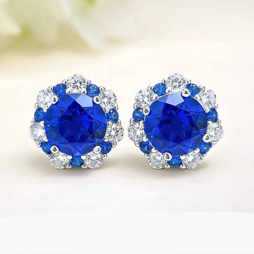 Round Brilliant Blue Sapphire Diamonds Halo Stud Earrings 2ct Each