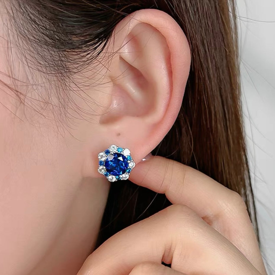 Round Brilliant Blue Sapphire Diamonds Halo Stud Earrings 2ct Each