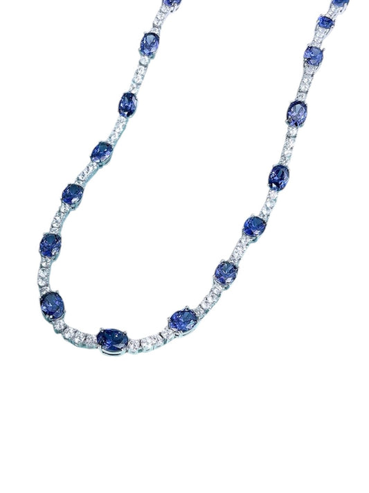 Oval Blue Sapphire Diamond Tennis Necklace 44cm