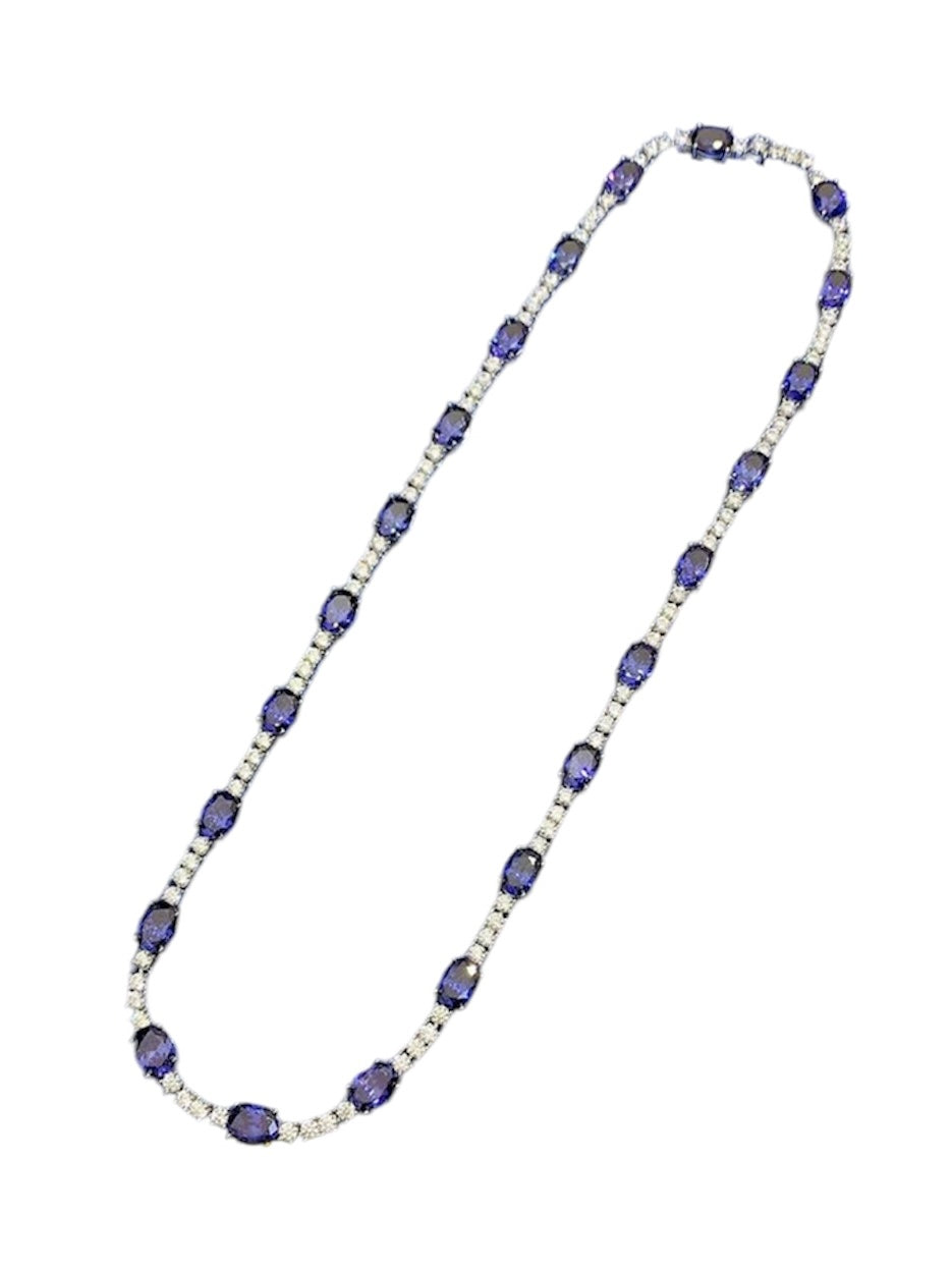 Oval Blue Sapphire Diamond Tennis Necklace 44cm