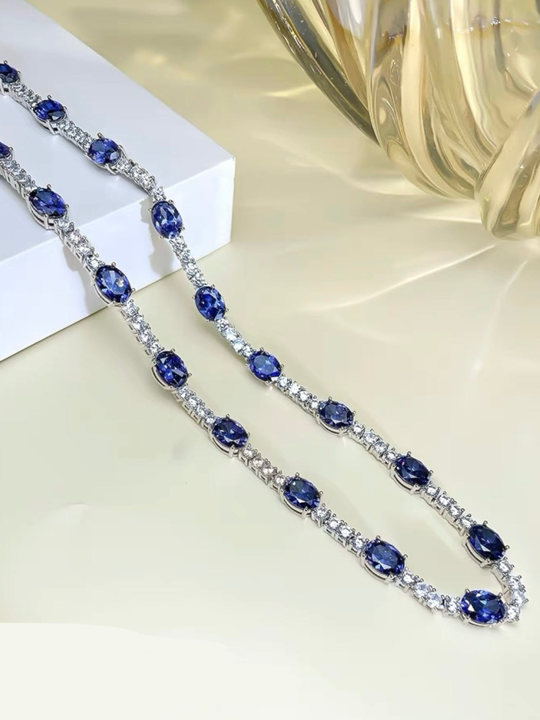 Oval Blue Sapphire Diamond Tennis Necklace 44cm