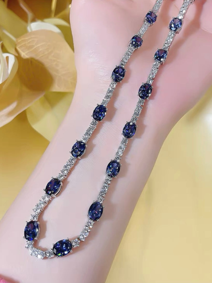 Oval Blue Sapphire Diamond Tennis Necklace 44cm