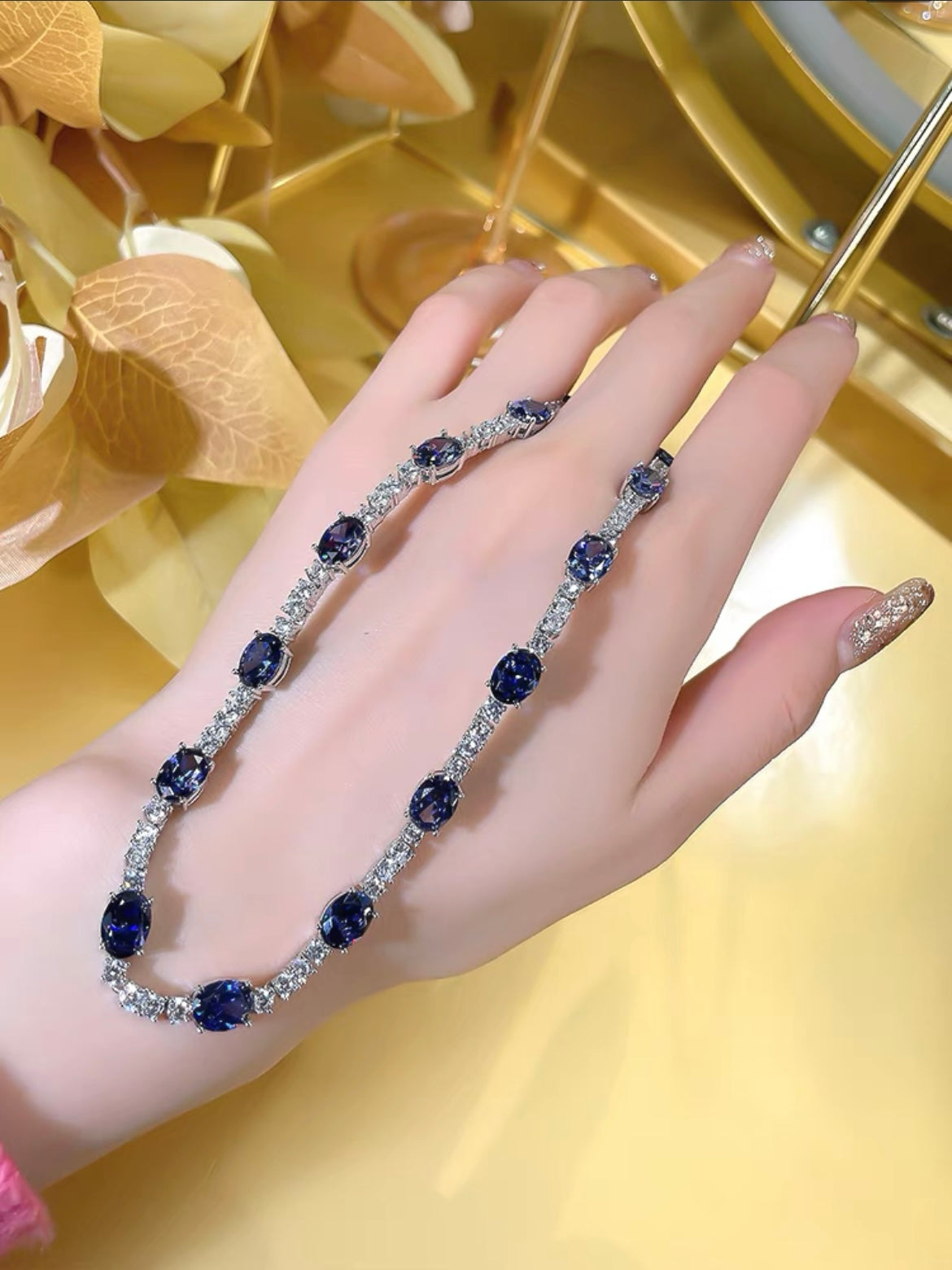 Oval Blue Sapphire Diamond Tennis Necklace 44cm