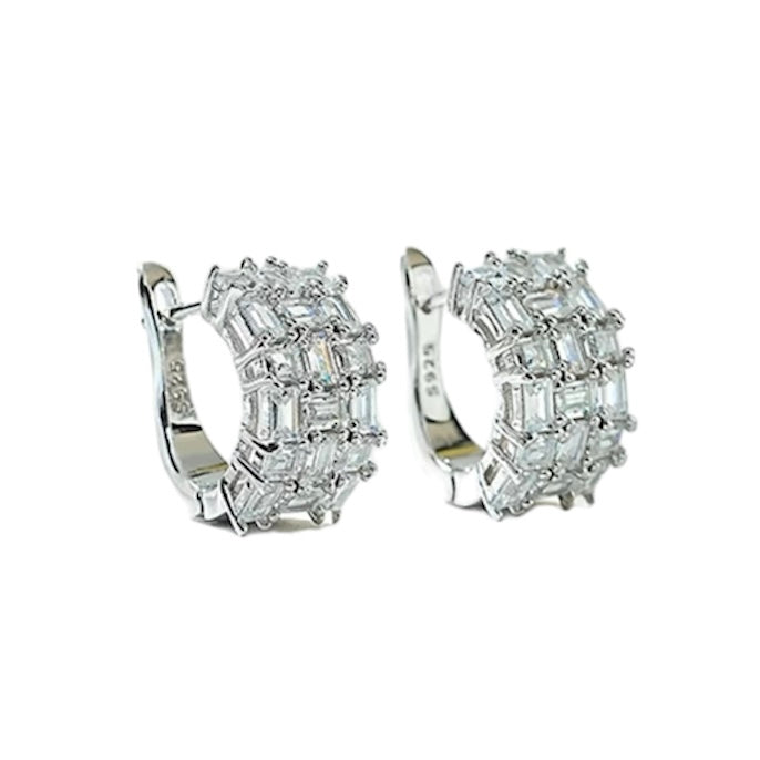 Emerald Cut Luxury 3 Rows Diamonds Hoop Earrings