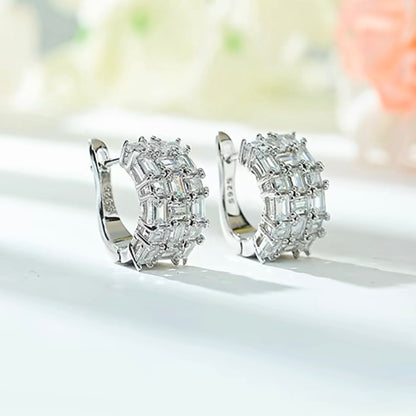 Emerald Cut Luxury 3 Rows Diamonds Hoop Earrings