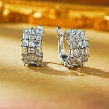 Emerald Cut Luxury 3 Rows Diamonds Hoop Earrings