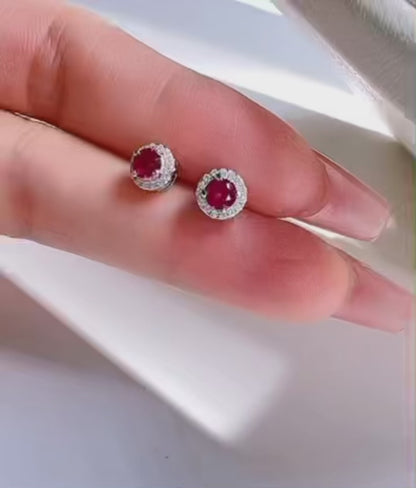 Round Red Ruby Diamond Halo Stud Earrings 4mm